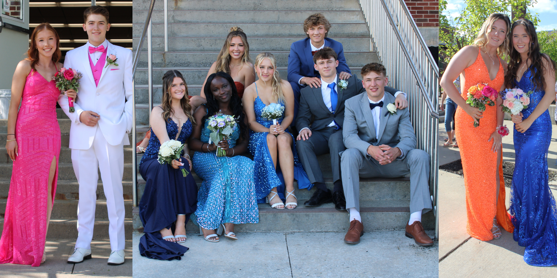 students dress up for the prom and pose outside the school