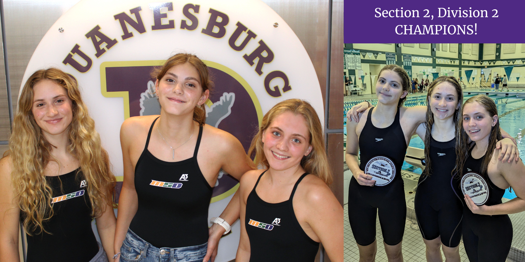 three young woman wearing black bathing suits pose with text that reads "Section 2, Division 2 CHAMPIONS"