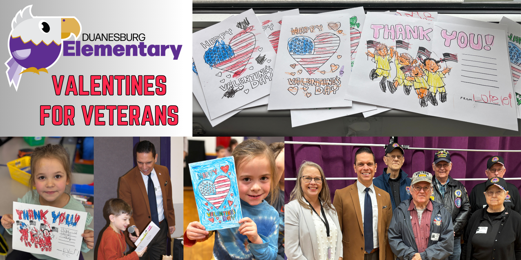 children are shown with handmade Valentines cards for veterans with text that reads "Valentines For Veterans"