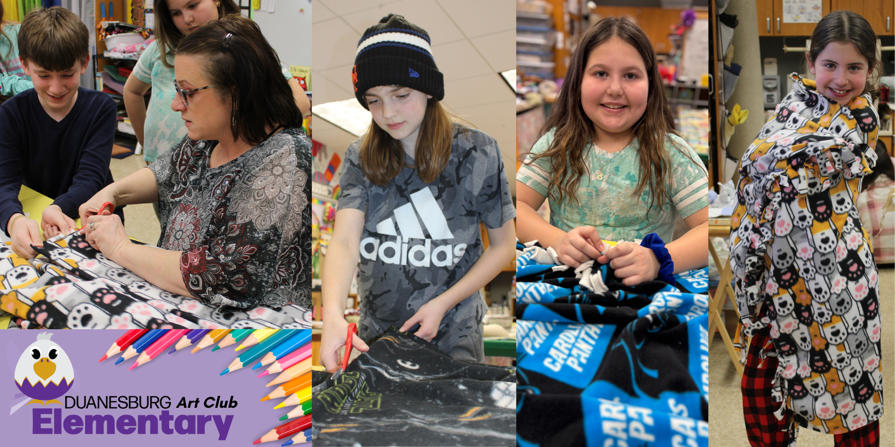 a montage of elementary children cutting fabric for an art project