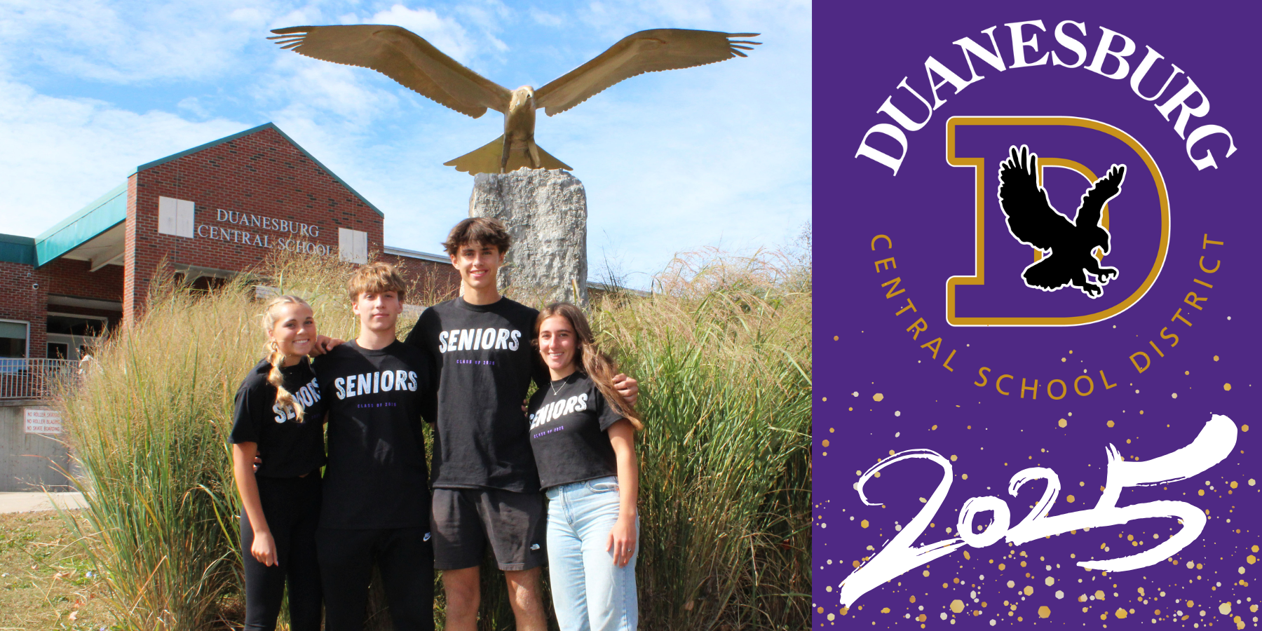 four high school students pose outside of a school and an eagle statue