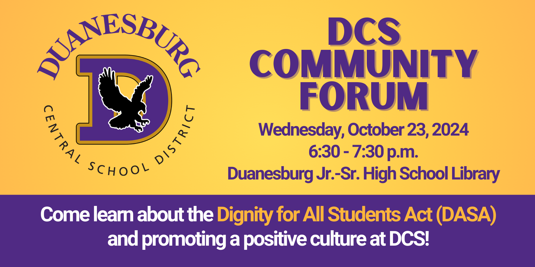 a purple and gold graphic that reads "DCS Community Forum"