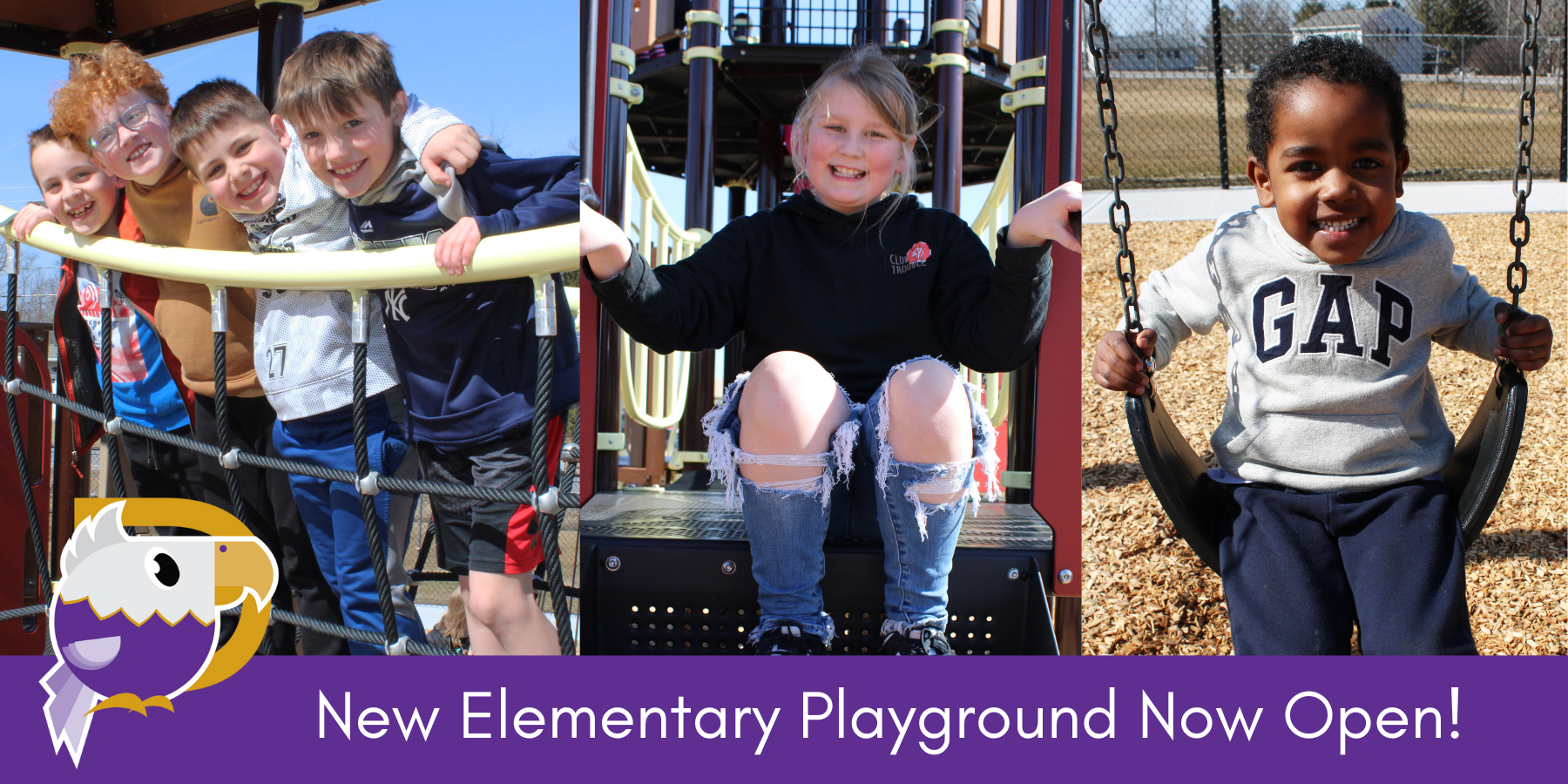 a montage of elementary students playing on a playground with text that reads "New Elementary Playground Now Open!"