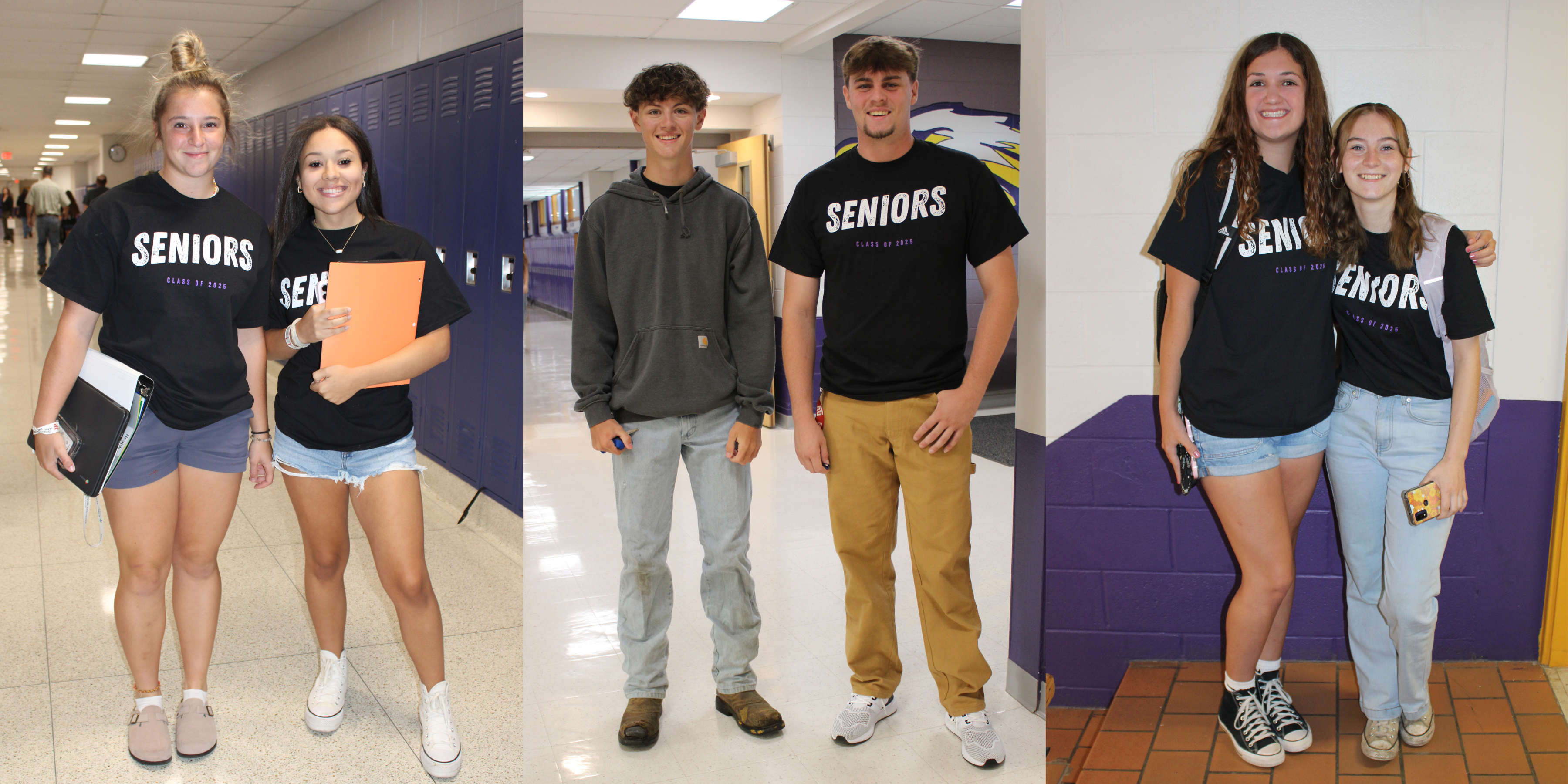 teenaged students wear black shirts that read "SENIOR" on them and pose in a school hallway