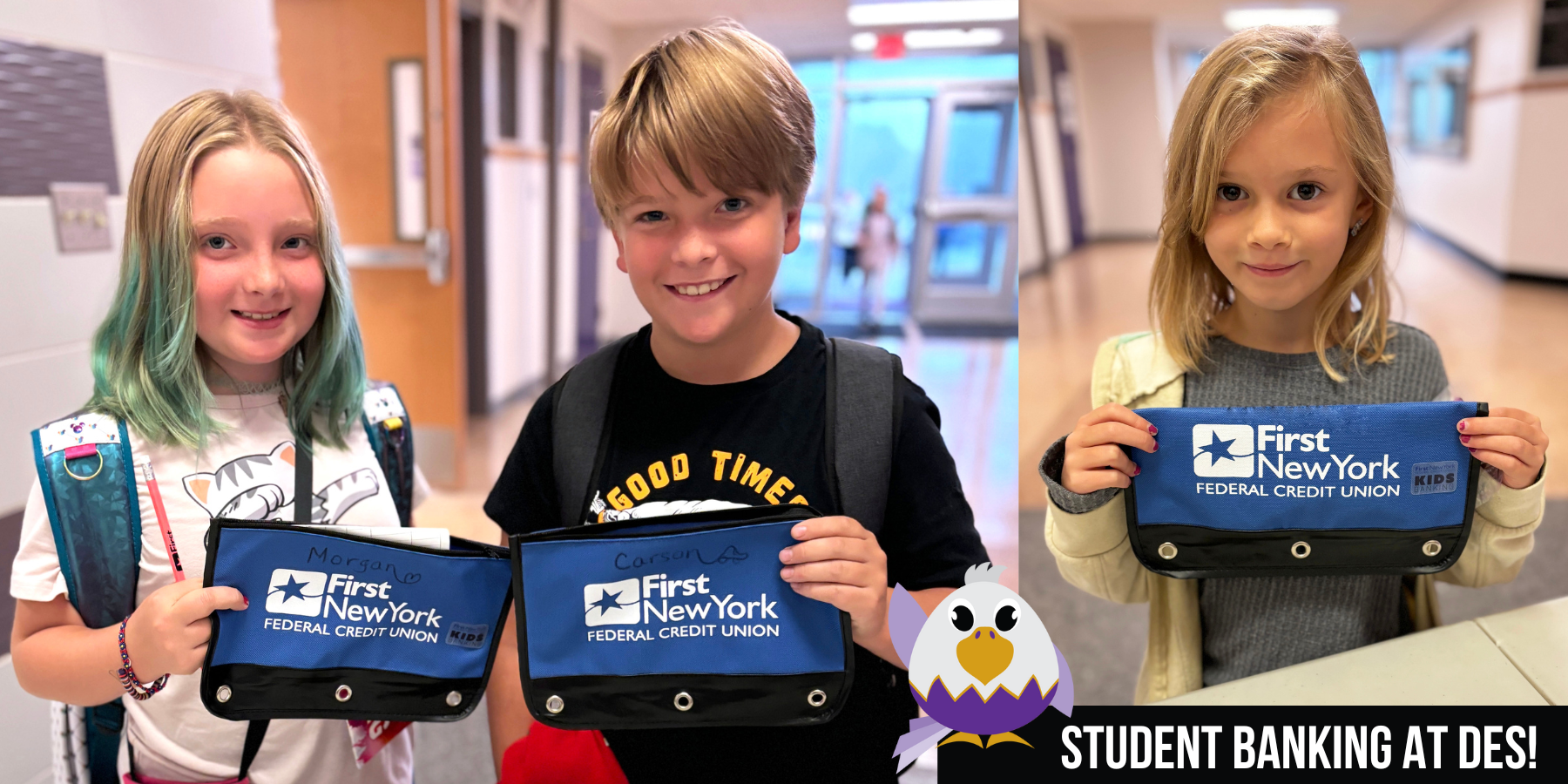 three students hold blue bank bags, with text at the bottom that reads "STUDENT BANKING AT DES!"