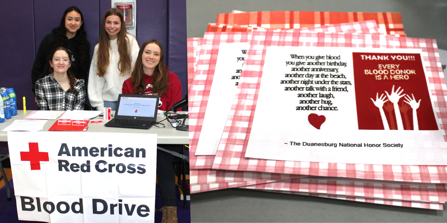 four high school girls sit behind a blood drive table