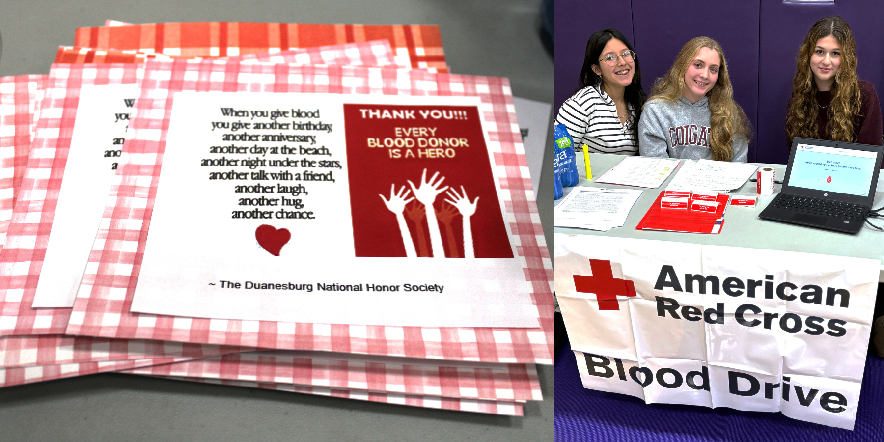 three high school girls sit behind a blood drive table